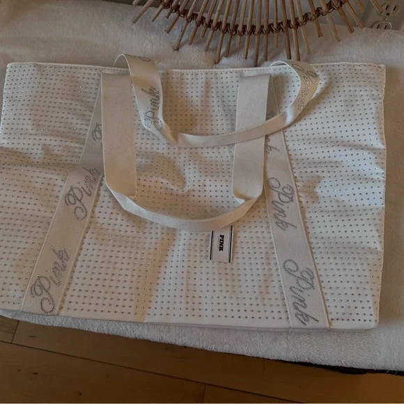 PINK Victoria's Secret Cream sparkle Canvas Tote with Branded Straps - Picture 9 of 11